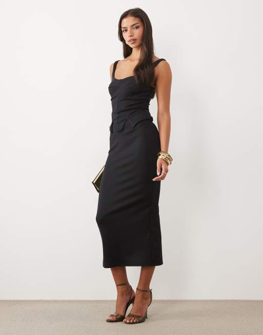 ASOS DESIGN strukturiertes Midikleid in Bleistiftform mit Korsett-Taillendetail aus schwarzem Scuba-Material, 2 von 4