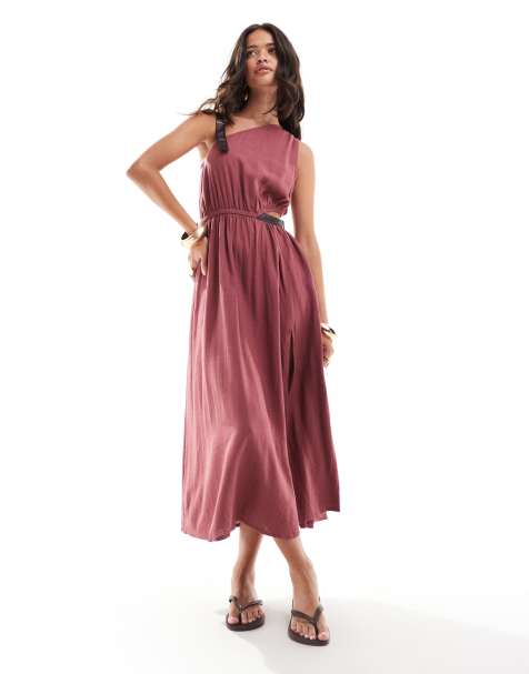 ASOS DESIGN – Strukturiertes Midikleid in Burgunderrot mit PU-Besatz und One-Shoulder-Träger - view 1