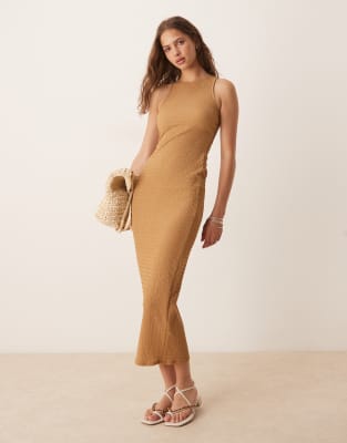 ASOS DESIGN - Strukturiertes Midikleid in Kamelbraun mit Ringerrücken-Neutral