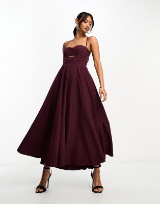 ASOS DESIGN - Strukturiertes Midikleid in Lila mit weitem Rock und Korsettoberteil