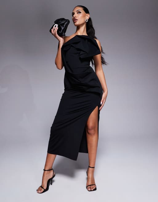 ASOS DESIGN – Strukturiertes Midikleid in Schwarz mit drapiertem Faltendetail