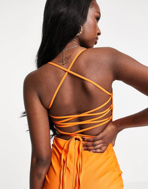 ASOS DESIGN – Strukturiertes Minikleid in Orange mit Rückenschnürung und eckigem Ausschnitt, 4 von 4