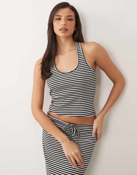 ASOS DESIGN – Strukturiertes Neckholder-Oberteil aus Strick in Schwarz-Weiß gestreift, Kombiteil - view 1