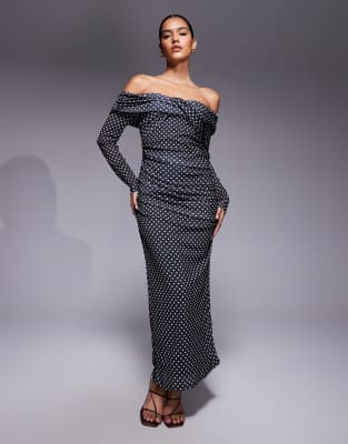 ASOS DESIGN - Strukturiertes Netzstoff-Midikleid mit Punktemuster und verdrehtem Carmen-Ausschnitt-Bunt