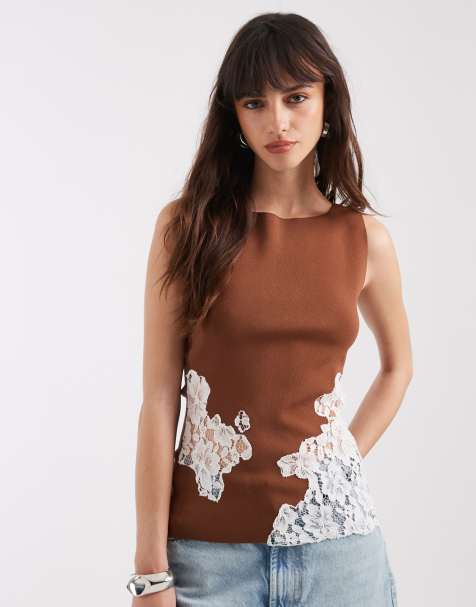 ASOS DESIGN – Strukturiertes Oberteil in Rotbraun mit Spitzendetail, Kombiteil - view 1