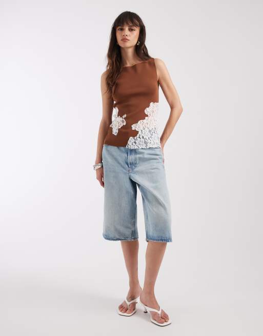 ASOS DESIGN – Strukturiertes Oberteil in Rotbraun mit Spitzendetail, Kombiteil, 2 von 4