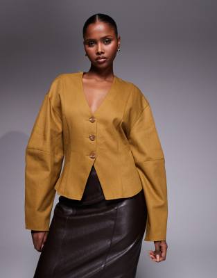 ASOS DESIGN - Strukturiertes Oberteil mit Knopfleiste und Cocoon-Ärmeln-Brown