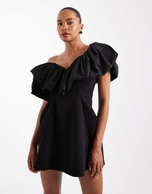 ASOS DESIGN - Strukturiertes One-Shoulder-Minikleid in Schwarz mit kontrastierendem Taft-Scrunch-Ausschnitt