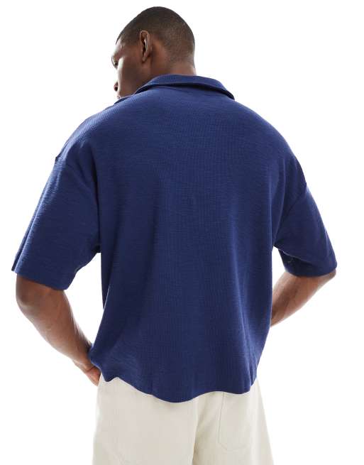 ASOS DESIGN – Strukturiertes Oversize-Polohemd in Marineblau mit Reverskragen, 3 von 4