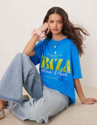 ASOS DESIGN - Strukturiertes Oversize-T-Shirt in Blau mit „Ibiza"-Print