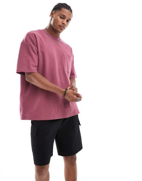 ASOS DESIGN – Strukturiertes Oversize-T-Shirt in Rosa mit Tasche vorne - view 1