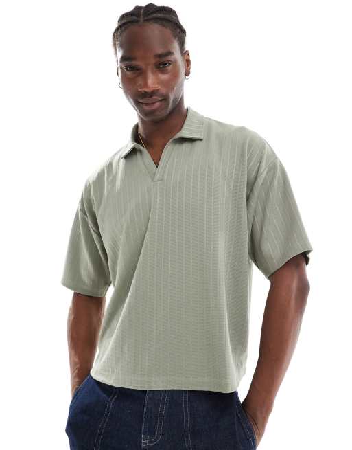 ASOS DESIGN – Strukturiertes Polohemd in Grün gestreift mit kastigem Oversize-Schnitt