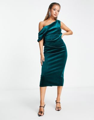 ASOS DESIGN - Strukturiertes Samt-Midikleid in Flaschengrün mit abfallender Schulterpartie und Faltendetail