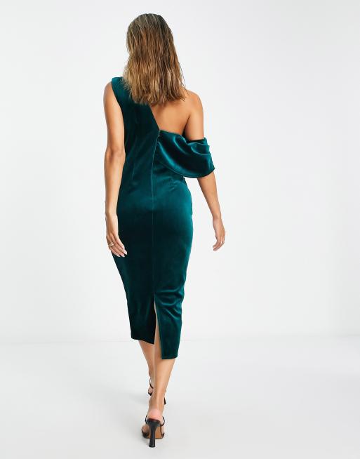 ASOS DESIGN – Strukturiertes Samt-Midikleid in Flaschengrün mit abfallender Schulterpartie und Faltendetail, 3 von 4