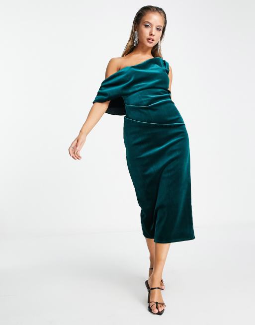 ASOS DESIGN – Strukturiertes Samt-Midikleid in Flaschengrün mit abfallender Schulterpartie und Faltendetail, 4 von 4