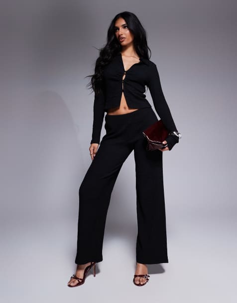 ASOS DESIGN – Strukturiertes Set in Schwarz mit langärmligem Hemd mit Knopfleiste und Hose mit weitem Bein - view 1