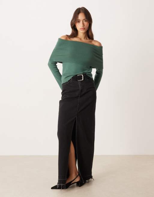 ASOS DESIGN – Strukturiertes Slim-Fit-Oberteil aus weichem Strick in Grün mit Carmen-Ausschnitt, 3 von 4