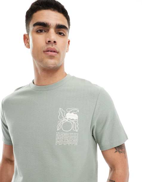 ASOS DESIGN – Strukturiertes T-Shirt in Khaki mit Brustaufdruck - view 1