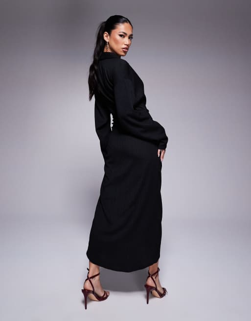 ASOS Design – Strukturiertes Wickel-Midikleid in Schwarz mit Taillenschnürung, 4 von 4