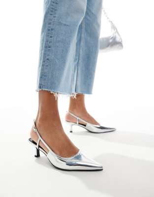 ASOS DESIGN - Strut - Schuhe in Silber mit Pfennigabsatz und Fersenriemen