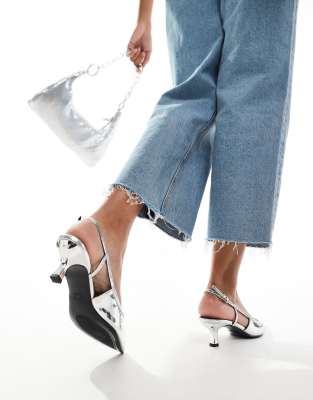 ASOS DESIGN Strut slingback kitten heeled shoes in silver ASOS