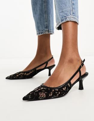 Asos Design Strut Slingback Mid Heeled Shoes In Black Lace