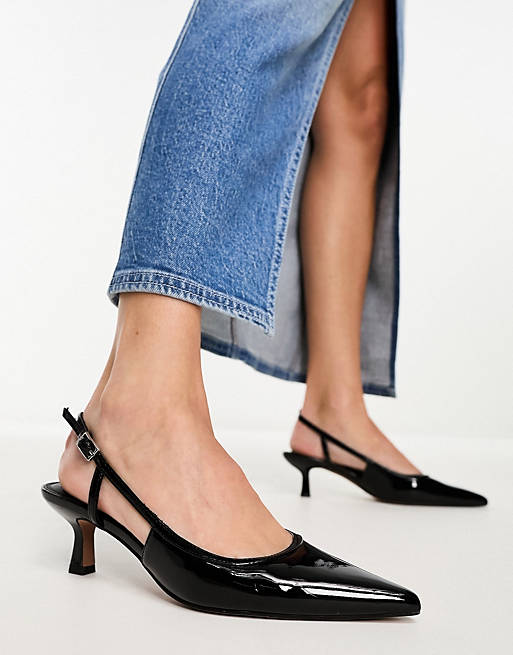 ASOS DESIGN Strut slingback mid heeled shoes in black patent