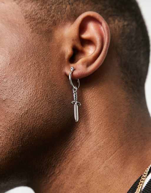 ASOS DESIGN stud and hoop set with sword detail in burnished silver tone