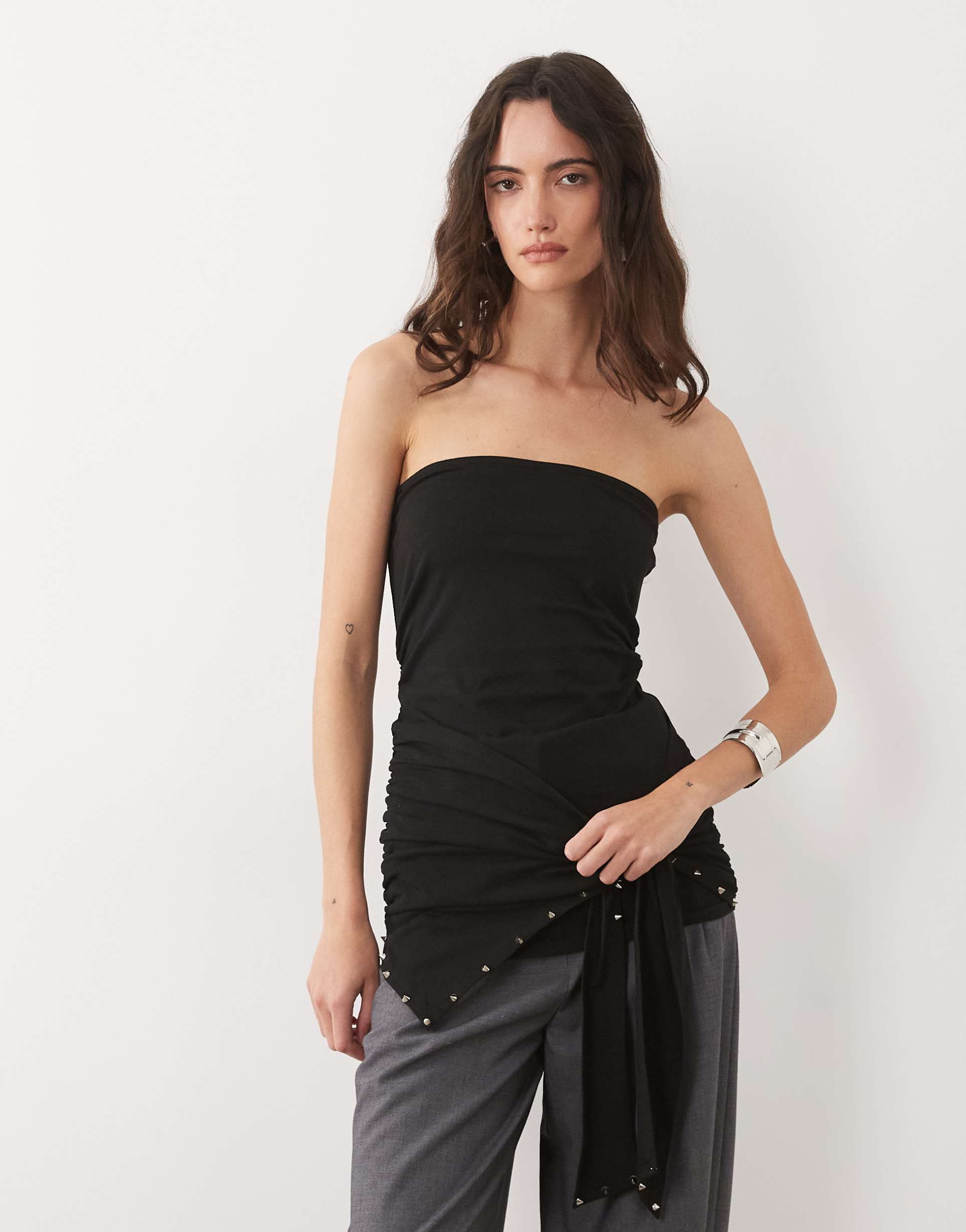asos design stud detailing wrap bandeau top in black