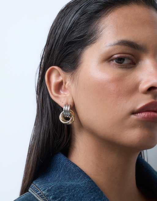 ASOS DESIGN stud door-knocker earrings in mixed silver and gold tone, 2 of 4