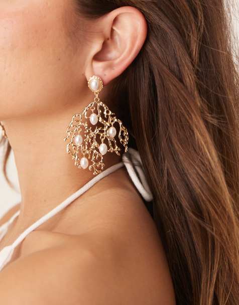ASOS DESIGN stud drop coral earrings with faux pearls in gold tone - view 1