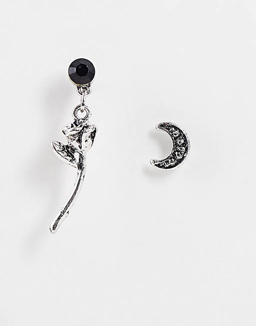 ASOS DESIGN stud earring pack with asymmetric rose and moon design in silver tone