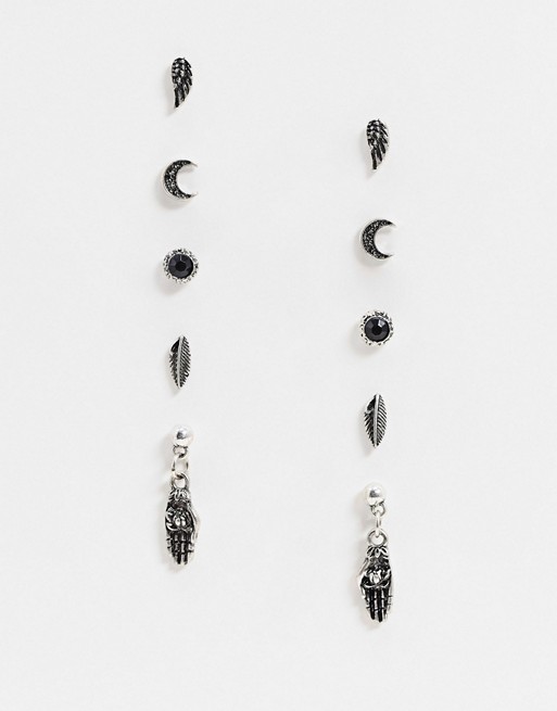 ASOS DESIGN stud earring pack with moon and feather charms in burnished silver tone