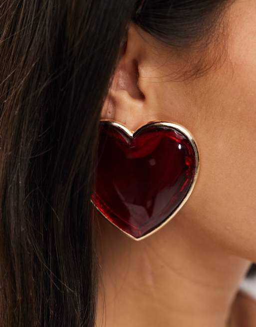 ASOS DESIGN stud earrings in oversized resin heart design in red, 3 of 4