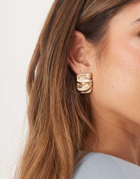 ASOS DESIGN stud earrings in square shape with molten finish in worn gold tone - view 1