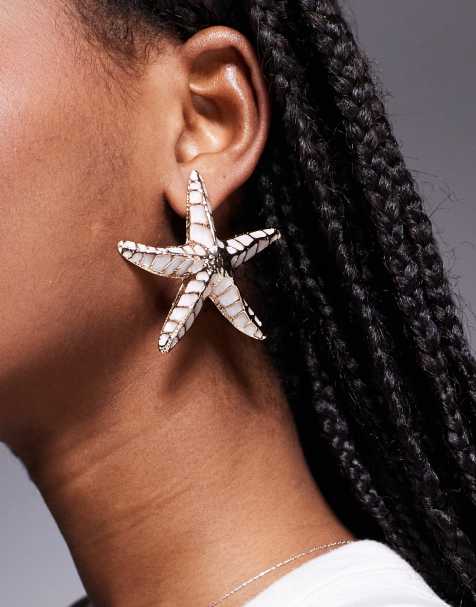 ASOS DESIGN stud earrings in starfish design with enamel detail in gold tone - view 1