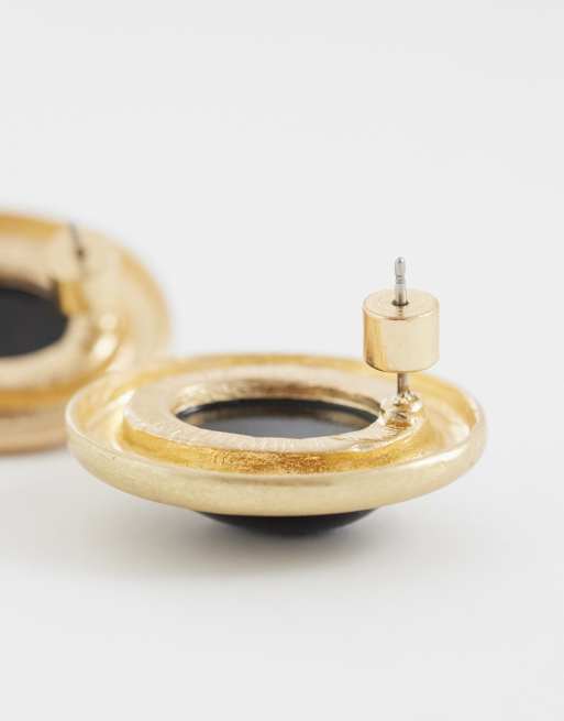 ASOS DESIGN stud earrings with black resin stone set in brushed gold tone, 3 of 4