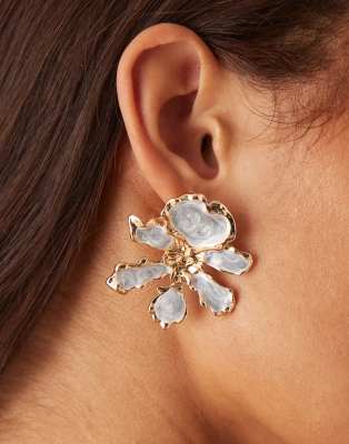 ASOS DESIGN stud earrings with blue floral design and gold tone details - view 1