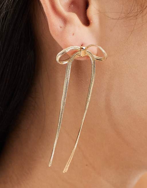 ASOS DESIGN stud earrings with bow chain design in gold tone, 3 of 4
