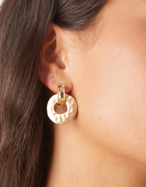 ASOS DESIGN stud earrings with clean door-knocker design in brushed satin gold tone - view 1