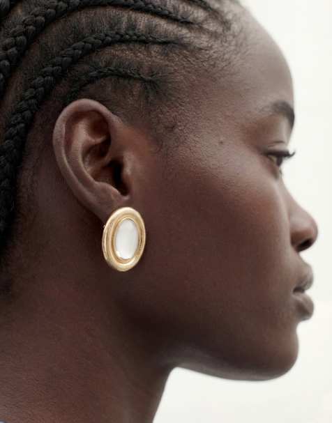 ASOS DESIGN stud earrings with clear stone-set design in brushed gold tone - view 1