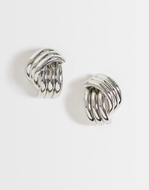 ASOS DESIGN stud earrings with cross-over ridge design in silver tone - view 1