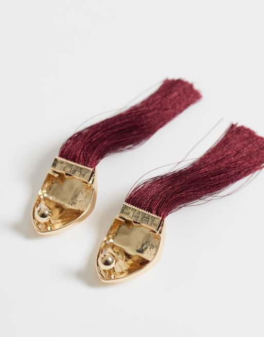 ASOS DESIGN stud earrings with dark burgundy tassels in gold tone, 3 of 4