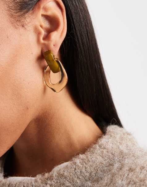 ASOS DESIGN stud earrings with doorknocker design in green resin - view 1