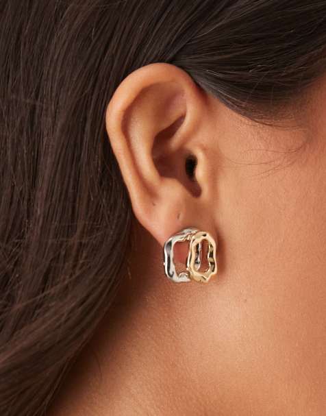 ASOS DESIGN stud earrings with double molten shape outline in gold tone - view 1