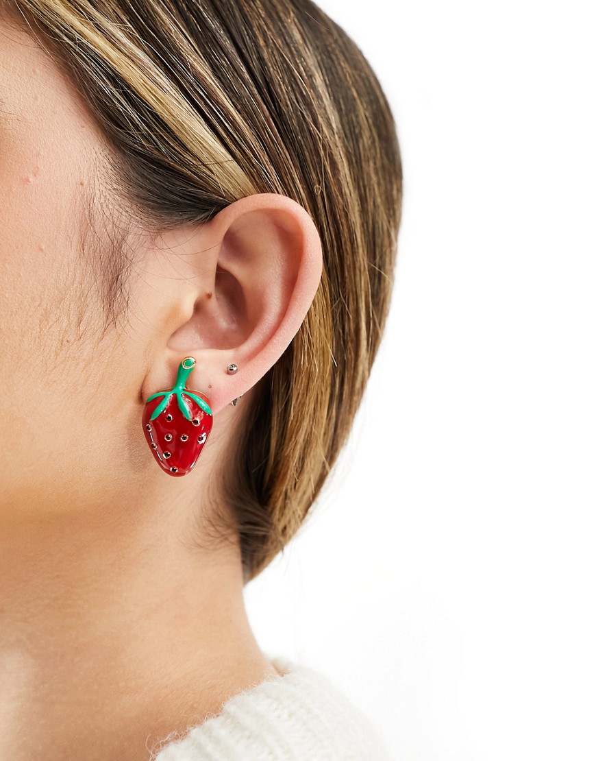 ASOS DESIGN stud earrings with enamel crystal strawberry design in red