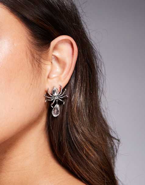 ASOS DESIGN stud earrings with faux crystal spiders in silver tone - view 1