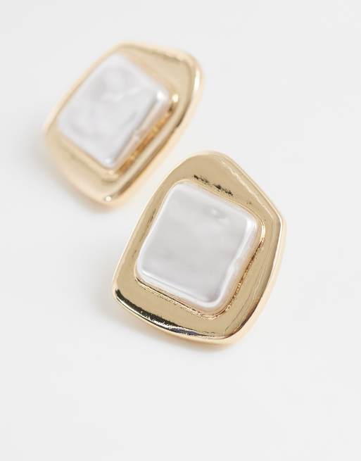 ASOS DESIGN stud earrings with faux pearl stone setting in gold tone, 3 of 4