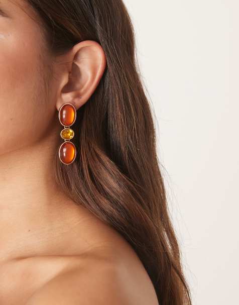 ASOS DESIGN stud earrings with faux stone-set pendants in amber tones - view 1