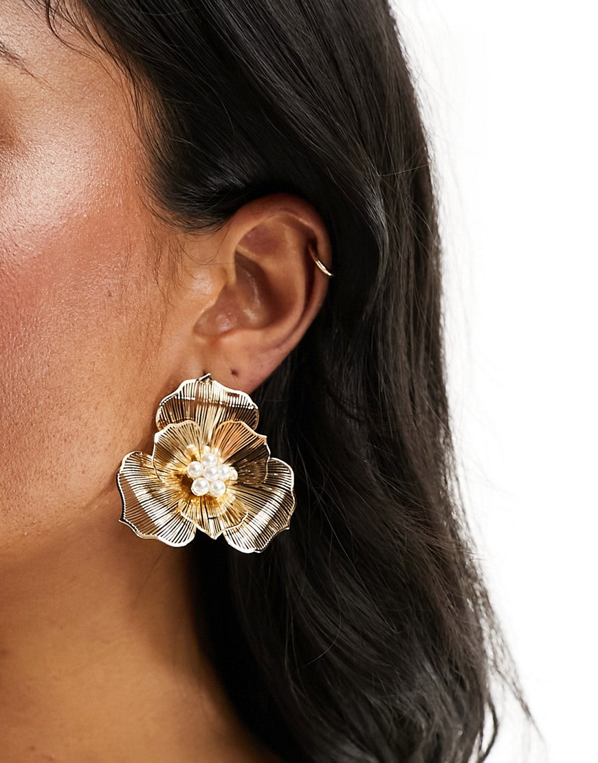 ASOS DESIGN stud earrings with fine wire floral and faux pearl design in gold tone